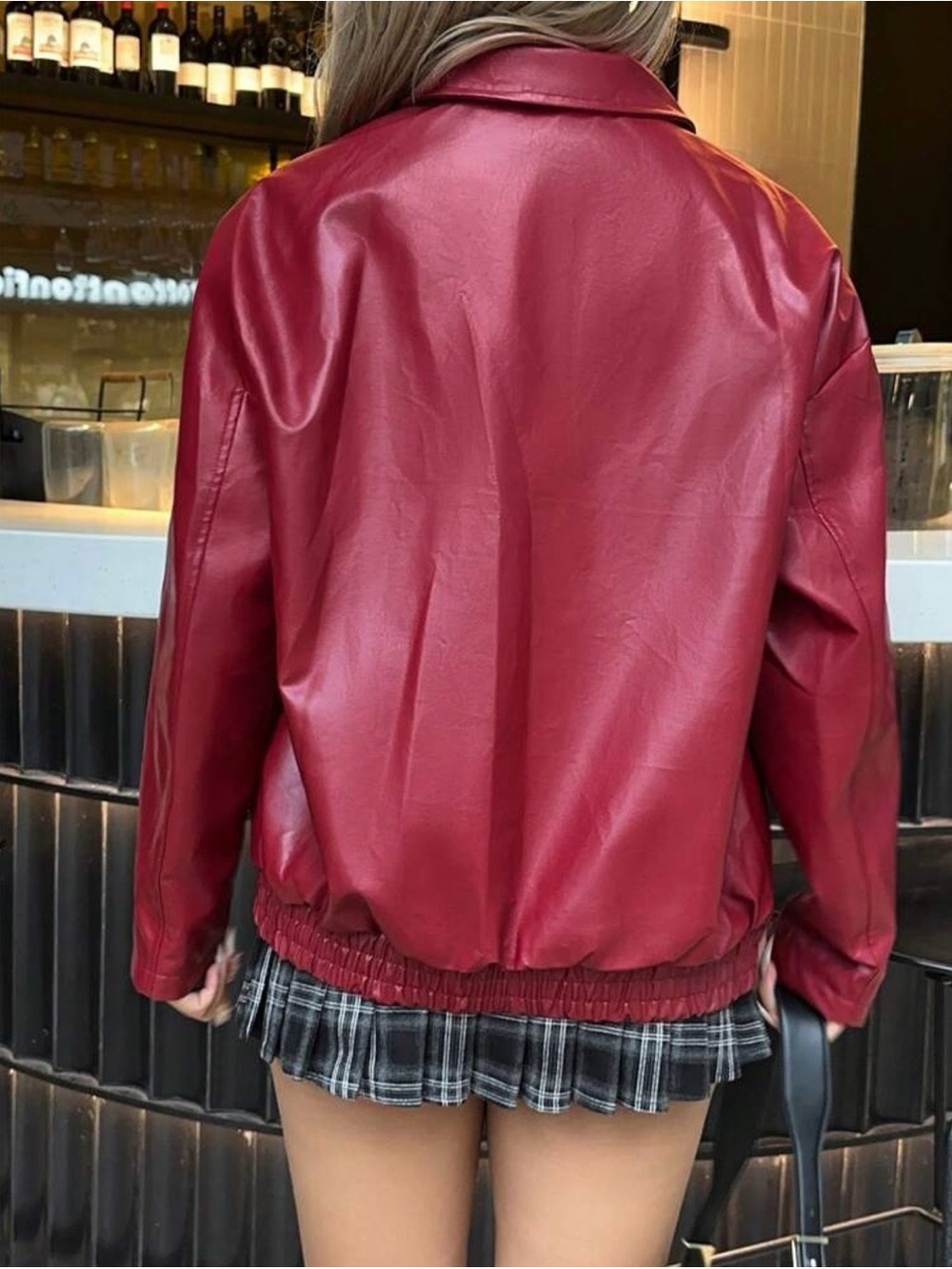Women’s Red Faux Leather Bomber Jacket - Classic Collar